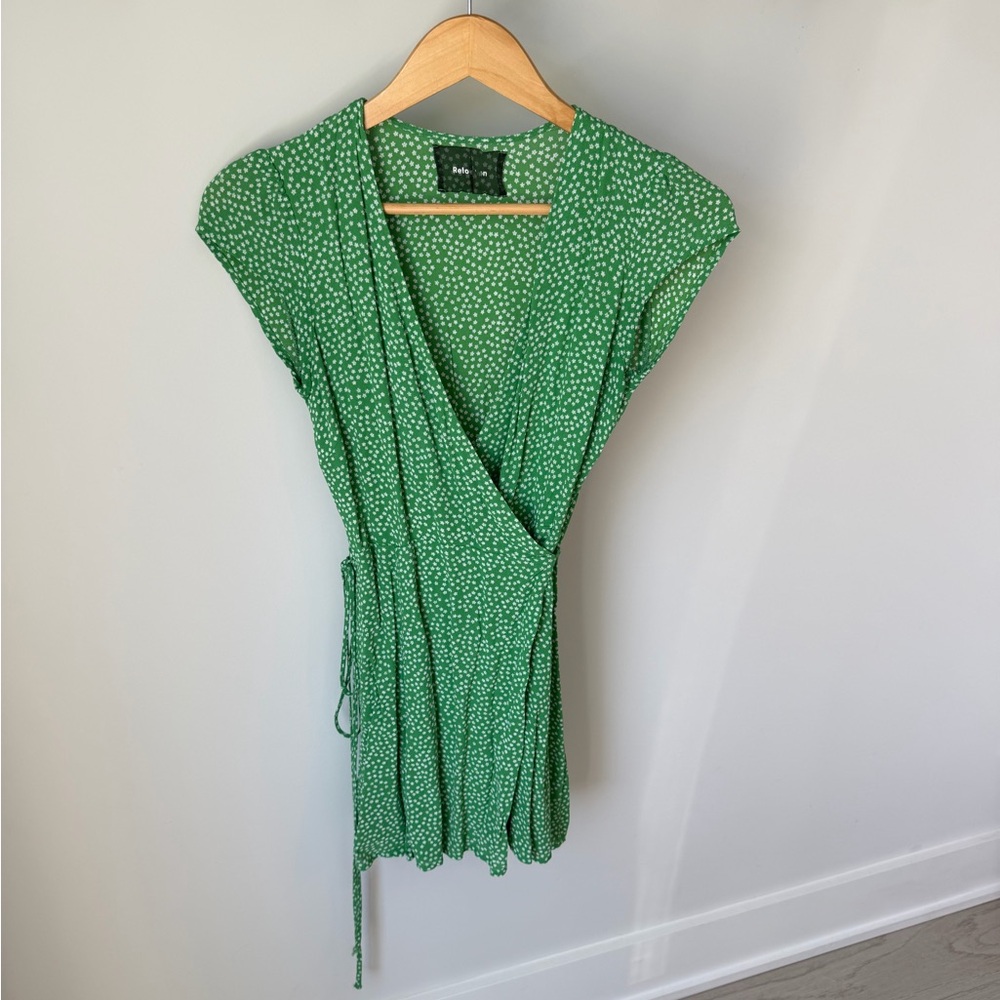 Reformation Bright Green Wrap Dress with White Polka Dots